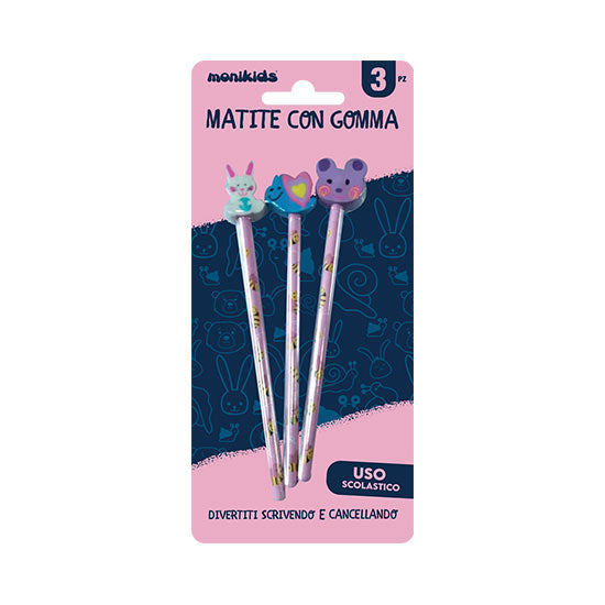 Matite con gomma fantasia blister 3 pz