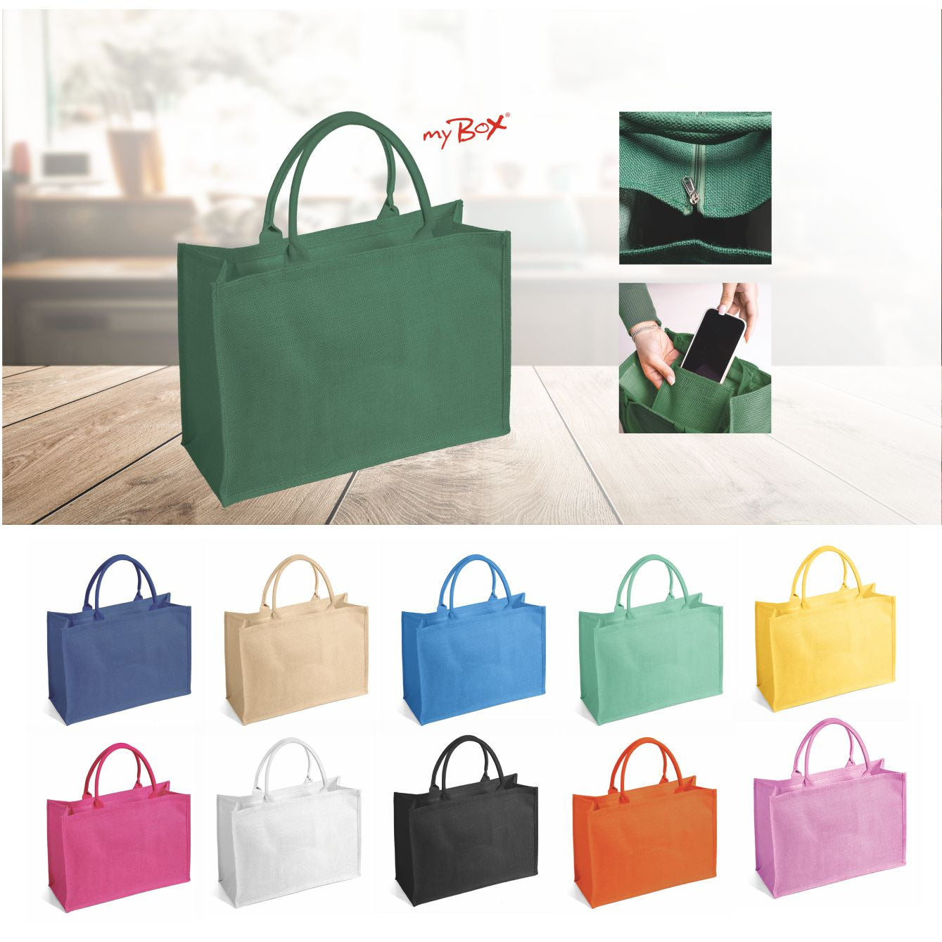 Borsa Shopper in Juta rettangolare con Tasca Interna e Zip