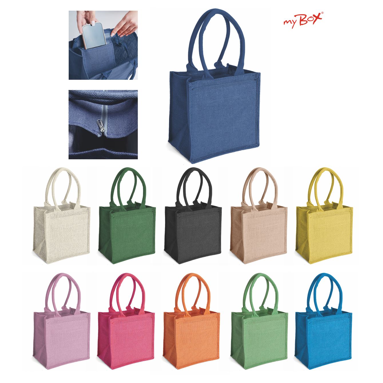 Borsa Shopper in Juta quadrata con Tasca Interna e Zip