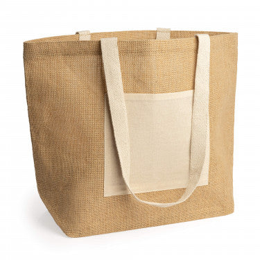 Borsa in Juta con Tasca Frontale e Manici Lunghi in Cotone Naturale