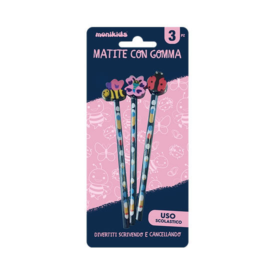 Matite con gomma fantasia blister 3 pz