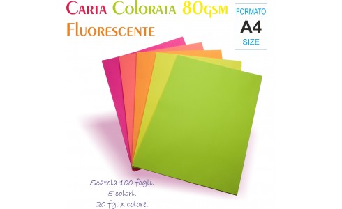 Pacco da 100 Fogli di Carta 80g in 5 Colori Assortiti FLUO
